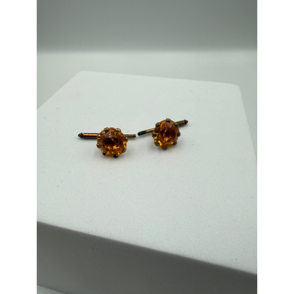 Vintage Amber Glass Stone Cufflinks Bronze Tone Round Faceted T-Bar Mens Jewelry